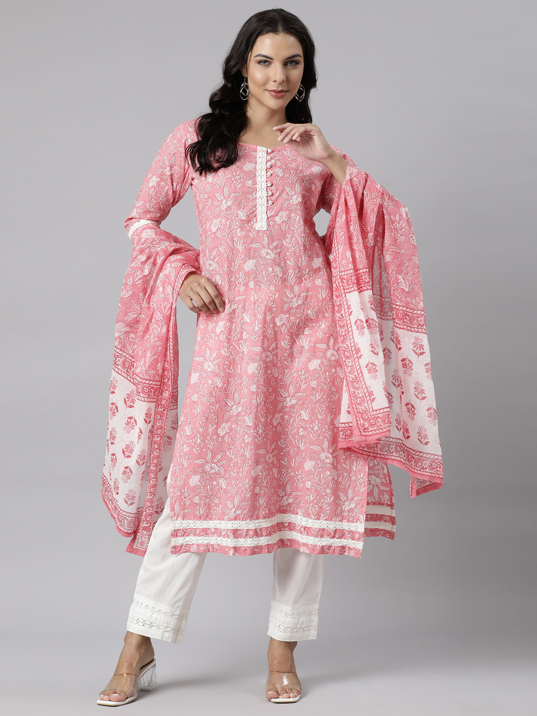 Neerus Pink Panelled Straight Printed Kurta And Trousers With Dupatta