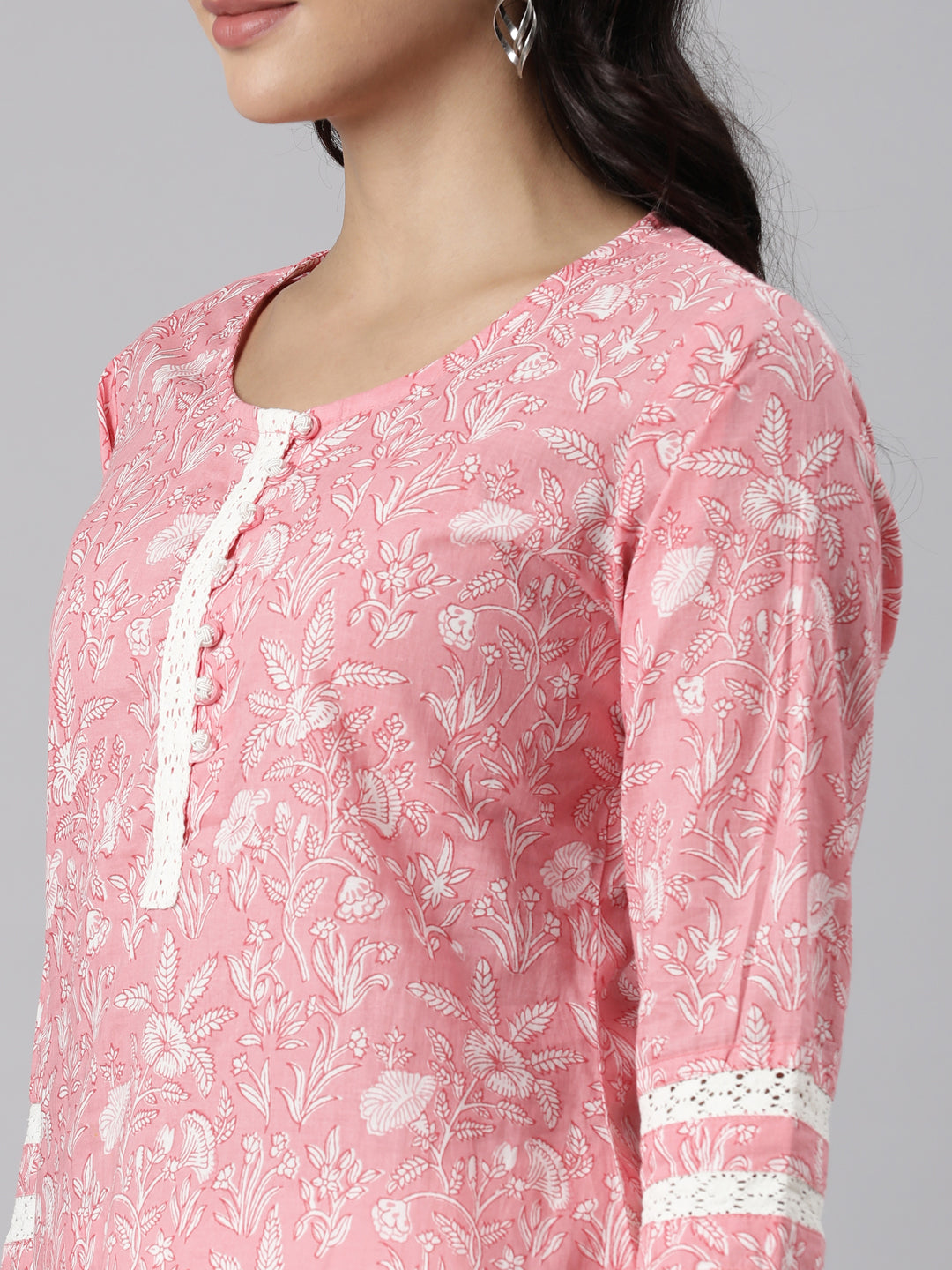 Neerus Pink Panelled Straight Printed Kurta And Trousers With Dupatta