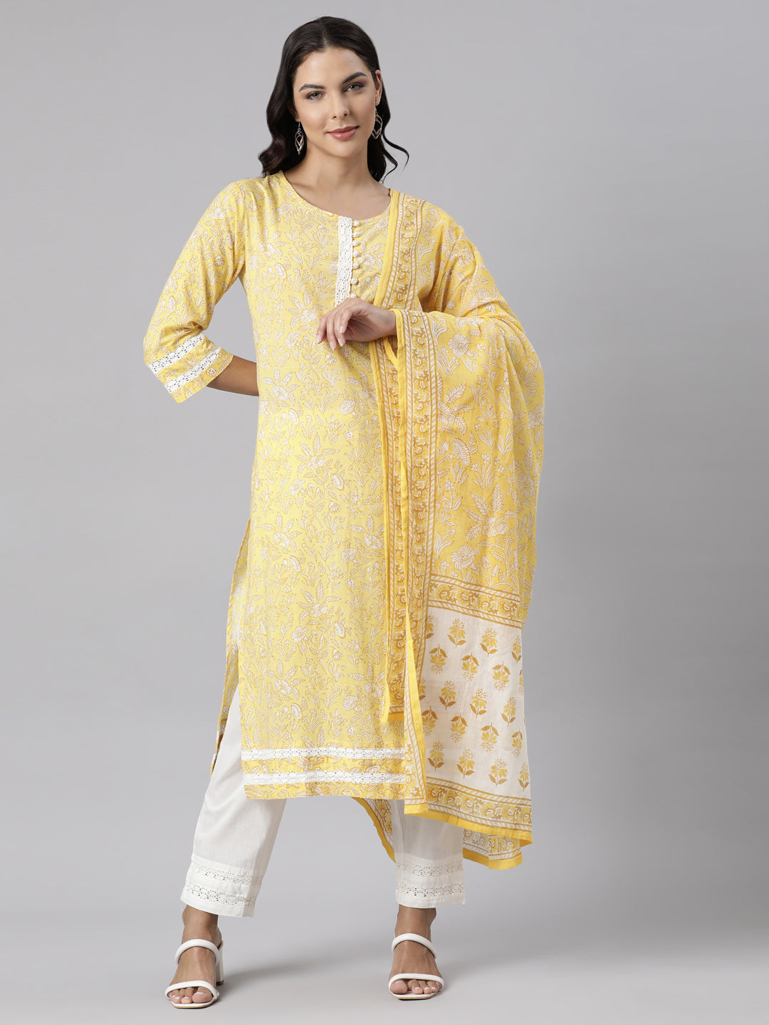 Neerus Yellow Panelled Straight Printed Kurta And Trousers With Dupatta