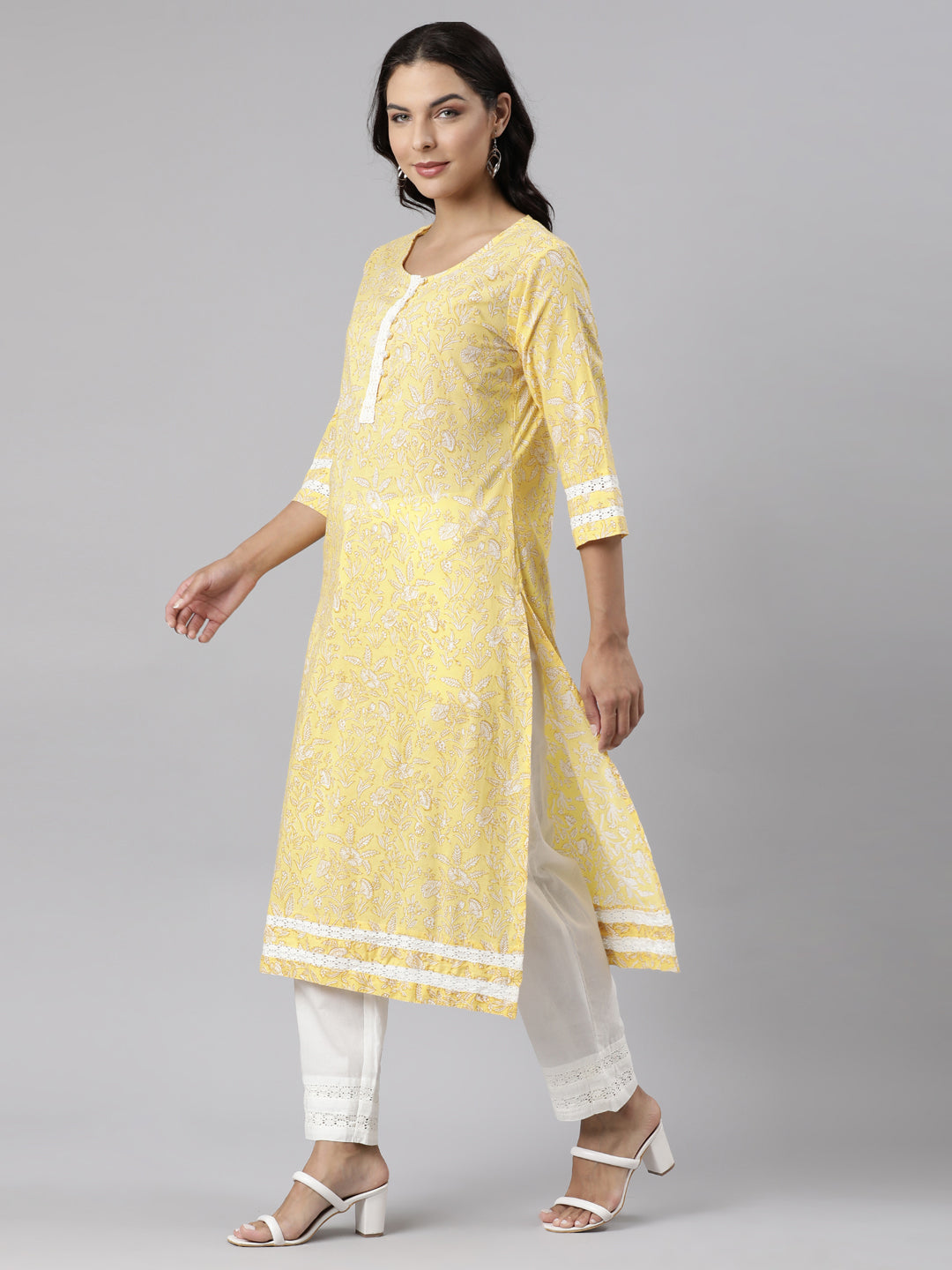 Neerus Yellow Panelled Straight Printed Kurta And Trousers With Dupatta