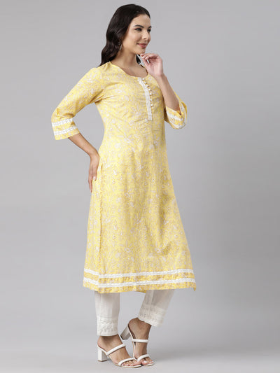 Neerus Yellow Panelled Straight Printed Kurta And Trousers With Dupatta