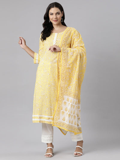 Neerus Yellow Panelled Straight Printed Kurta And Trousers With Dupatta