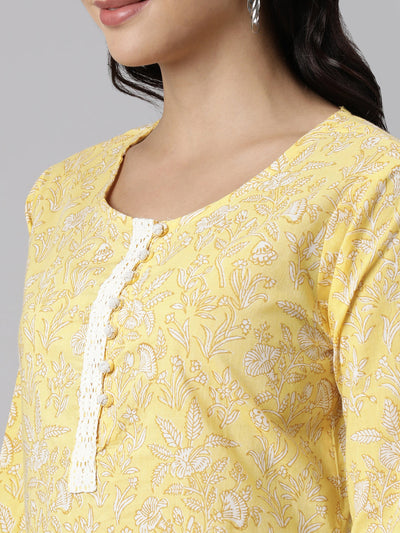 Neerus Yellow Panelled Straight Printed Kurta And Trousers With Dupatta