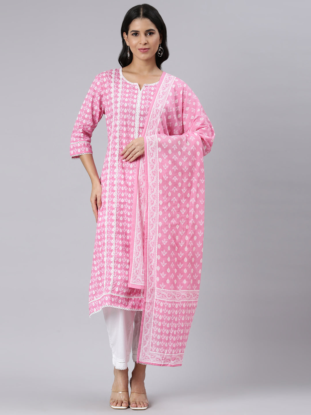 Neerus Pink Regular Straight Printed Kurta and Trousers With Dupatta