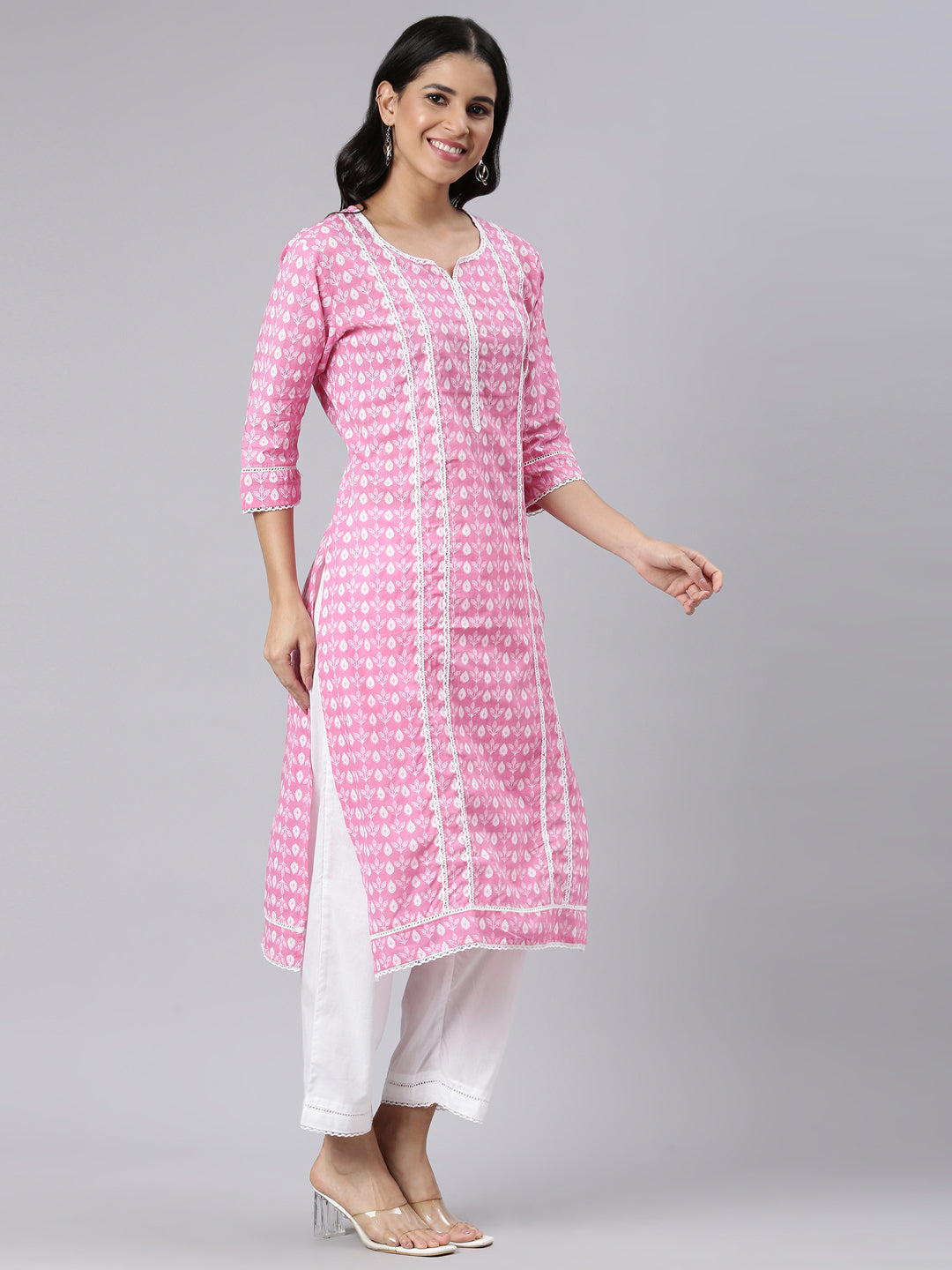 Neerus Pink Regular Straight Printed Kurta and Trousers With Dupatta