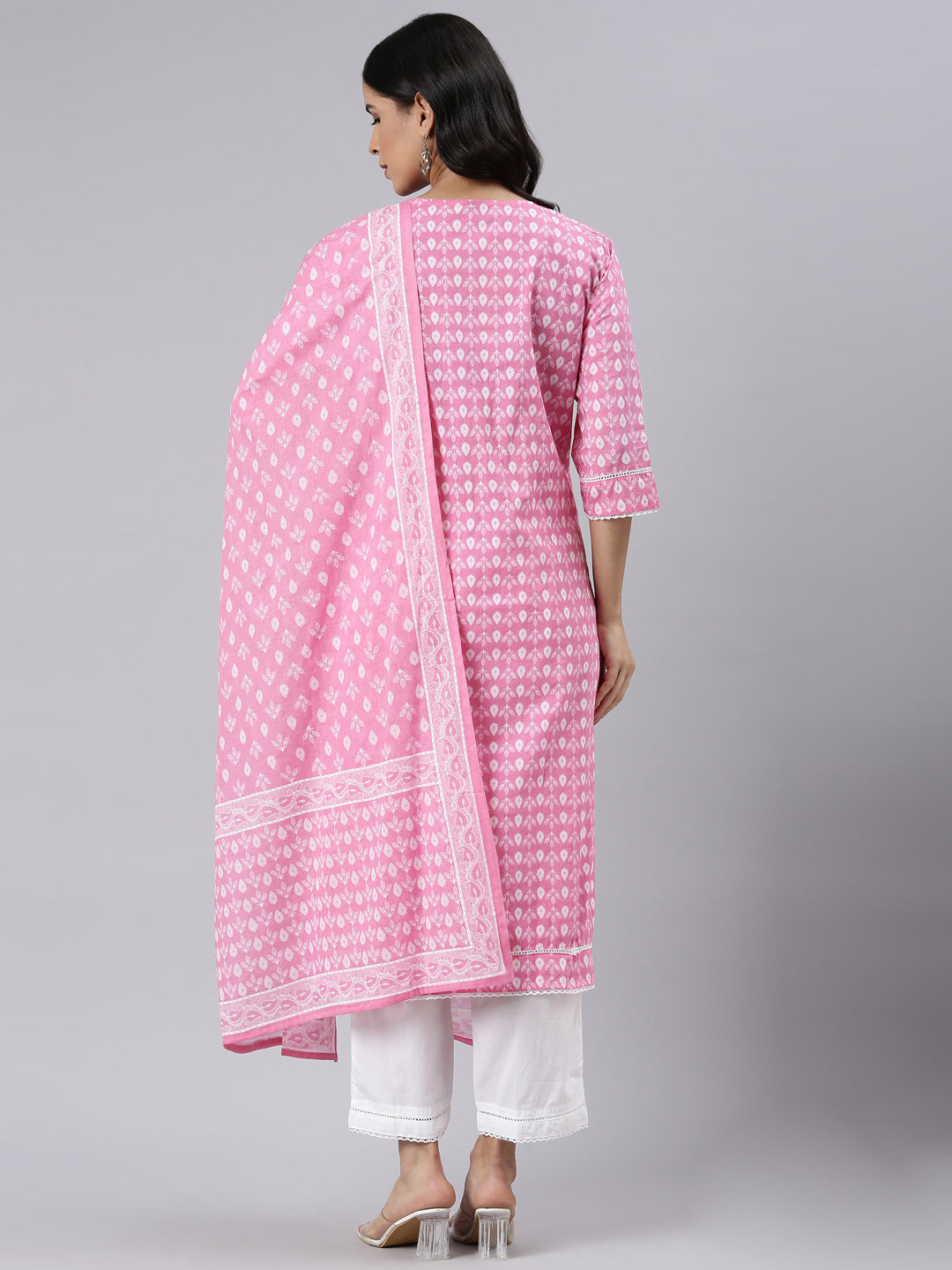 Neerus Pink Regular Straight Printed Kurta and Trousers With Dupatta