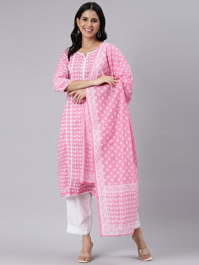 Neerus Pink Regular Straight Printed Kurta and Trousers With Dupatta