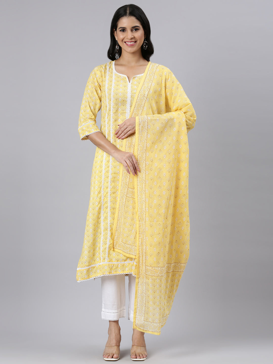 Neerus Yellow Regular Straight Printed Kurta and Trousers With Dupatta