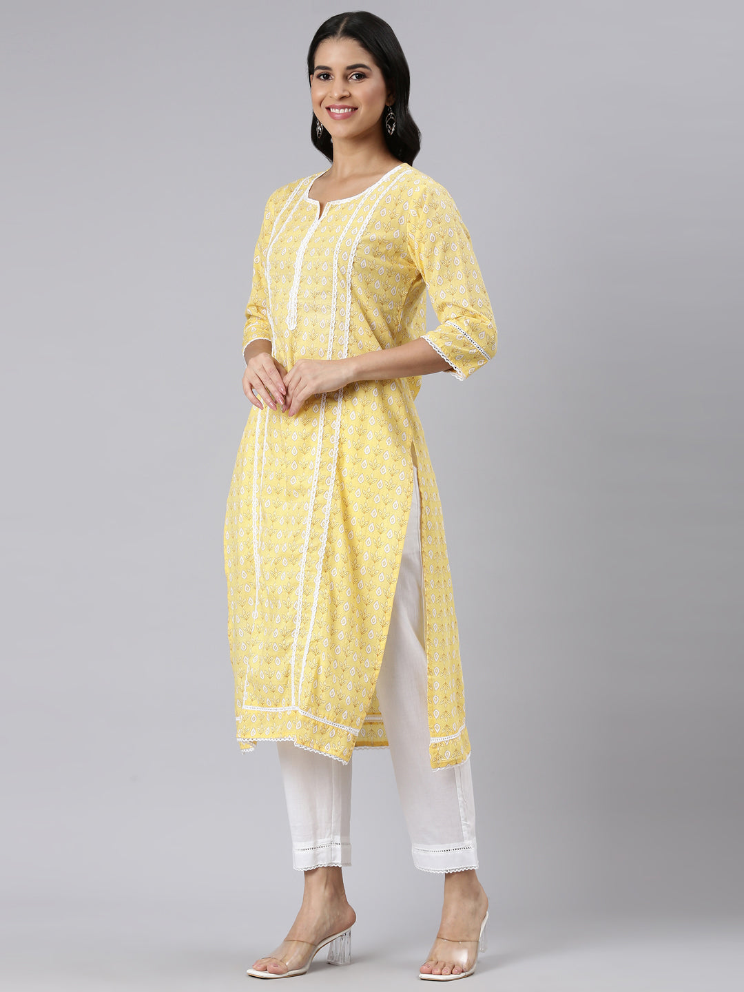 Neerus Yellow Regular Straight Printed Kurta and Trousers With Dupatta