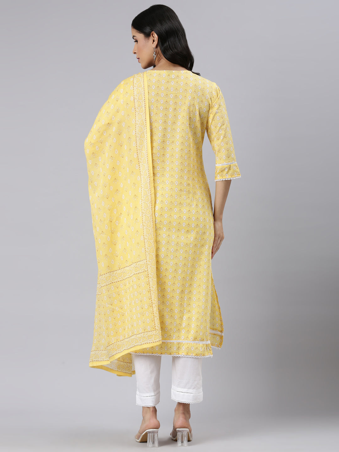 Neerus Yellow Regular Straight Printed Kurta and Trousers With Dupatta