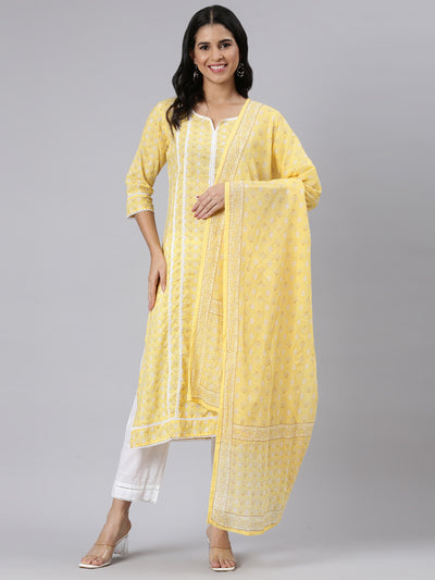 Neerus Yellow Regular Straight Printed Kurta and Trousers With Dupatta