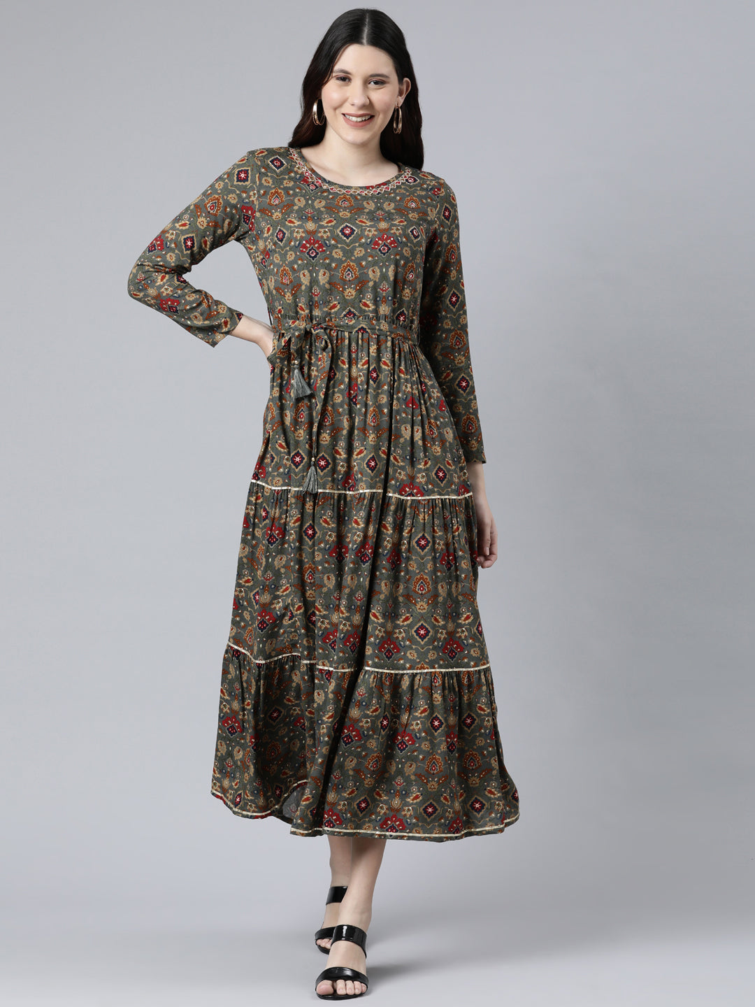 Neeru's Women Grey Ethnic Motifs Printed Anarkali Kurta