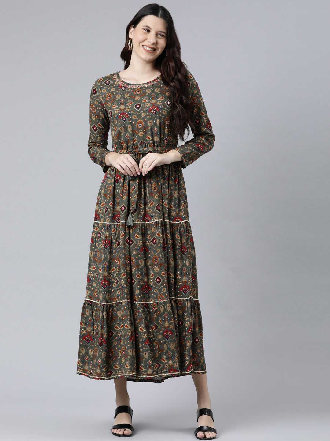 Neeru's Women Grey Ethnic Motifs Printed Anarkali Kurta