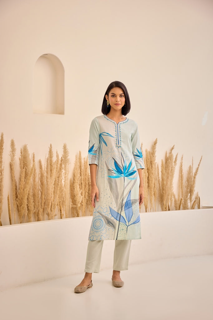 Neerus Blue Straight Floral Kurta And Trousers With Dupatta