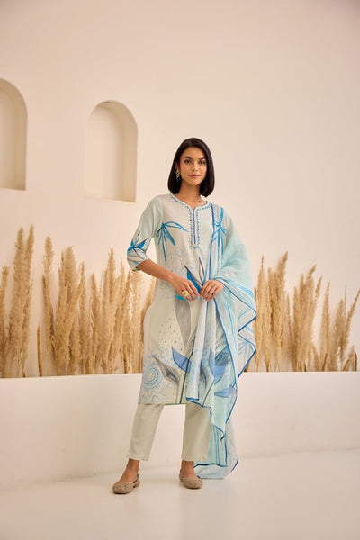 Neerus Blue Straight Floral Kurta And Trousers With Dupatta