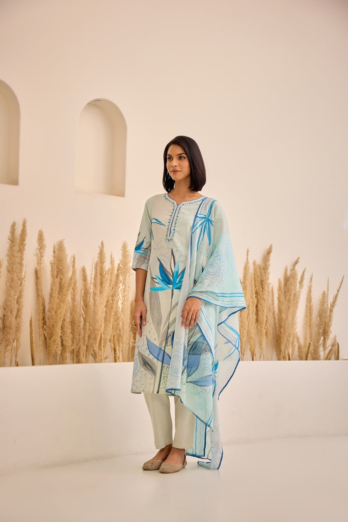 Neerus Blue Straight Floral Kurta And Trousers With Dupatta