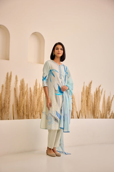 Neerus Blue Straight Floral Kurta And Trousers With Dupatta