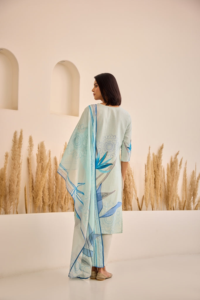 Neerus Blue Straight Floral Kurta And Trousers With Dupatta