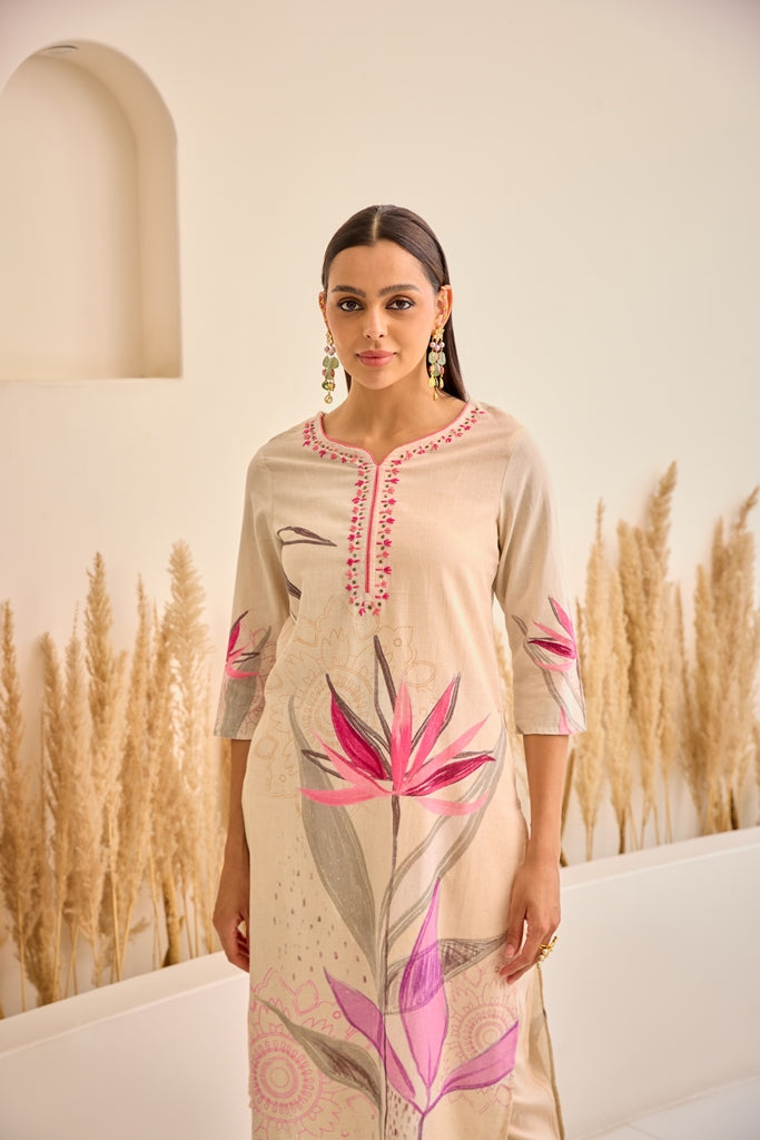 Neerus Pink Straight Floral Kurta And Trousers With Dupatta