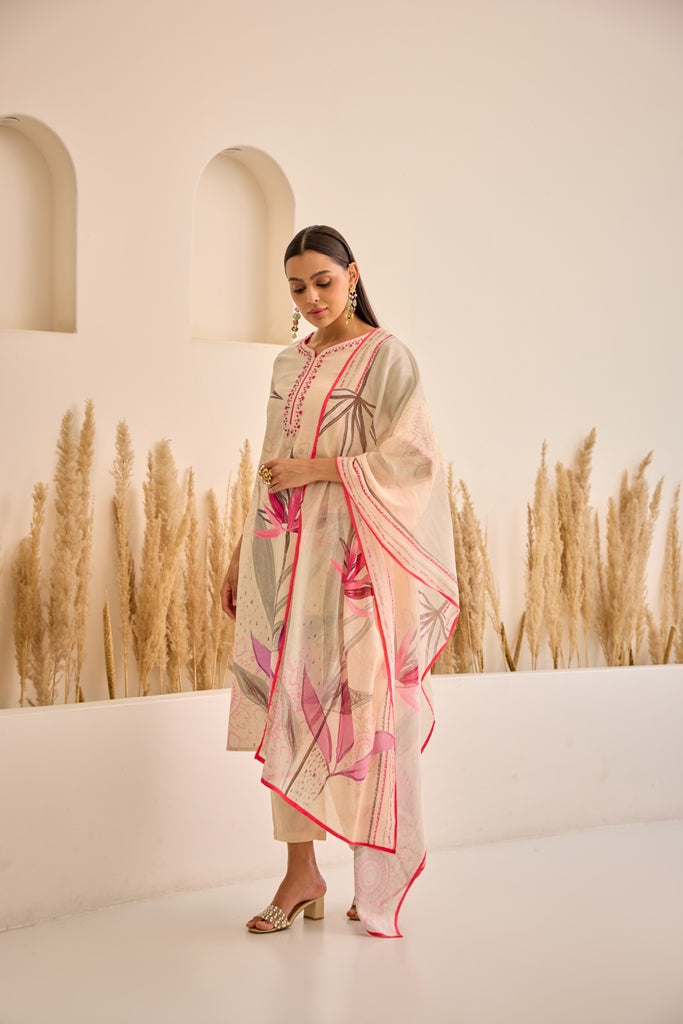 Neerus Pink Straight Floral Kurta And Trousers With Dupatta