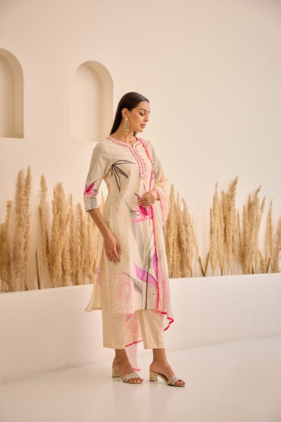 Neerus Pink Straight Floral Kurta And Trousers With Dupatta