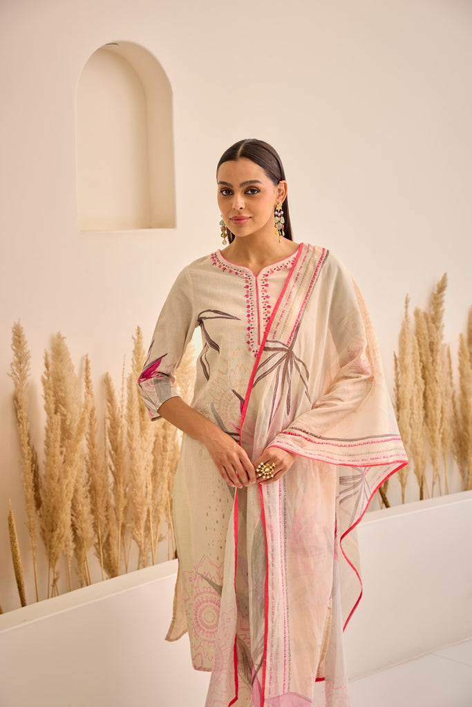 Neerus Pink Straight Floral Kurta And Trousers With Dupatta