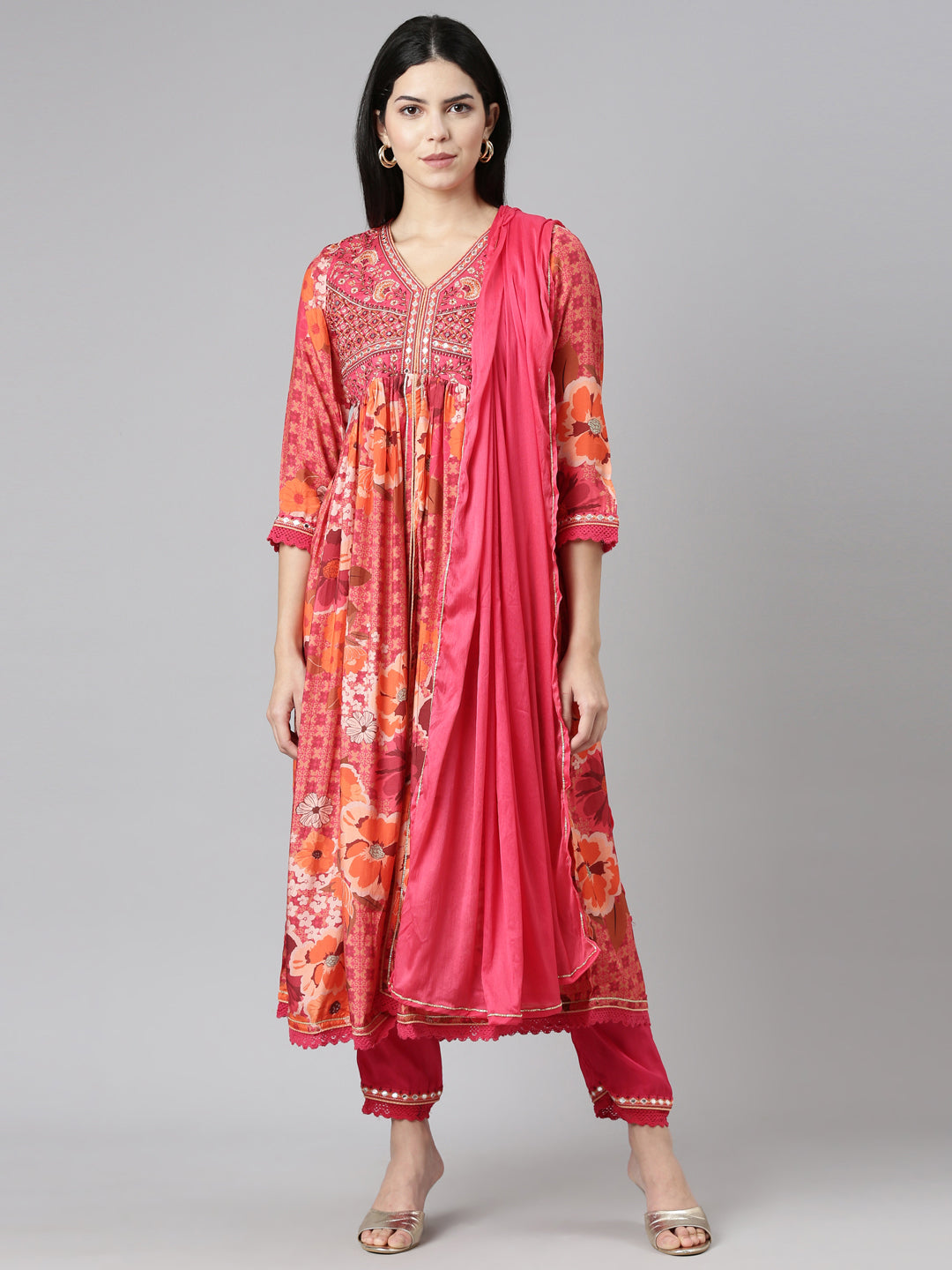 Neeru's Coral Pleated Straight Printed Readymade suits