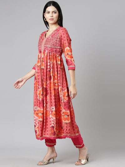 Neeru's Coral Pleated Straight Printed Readymade suits