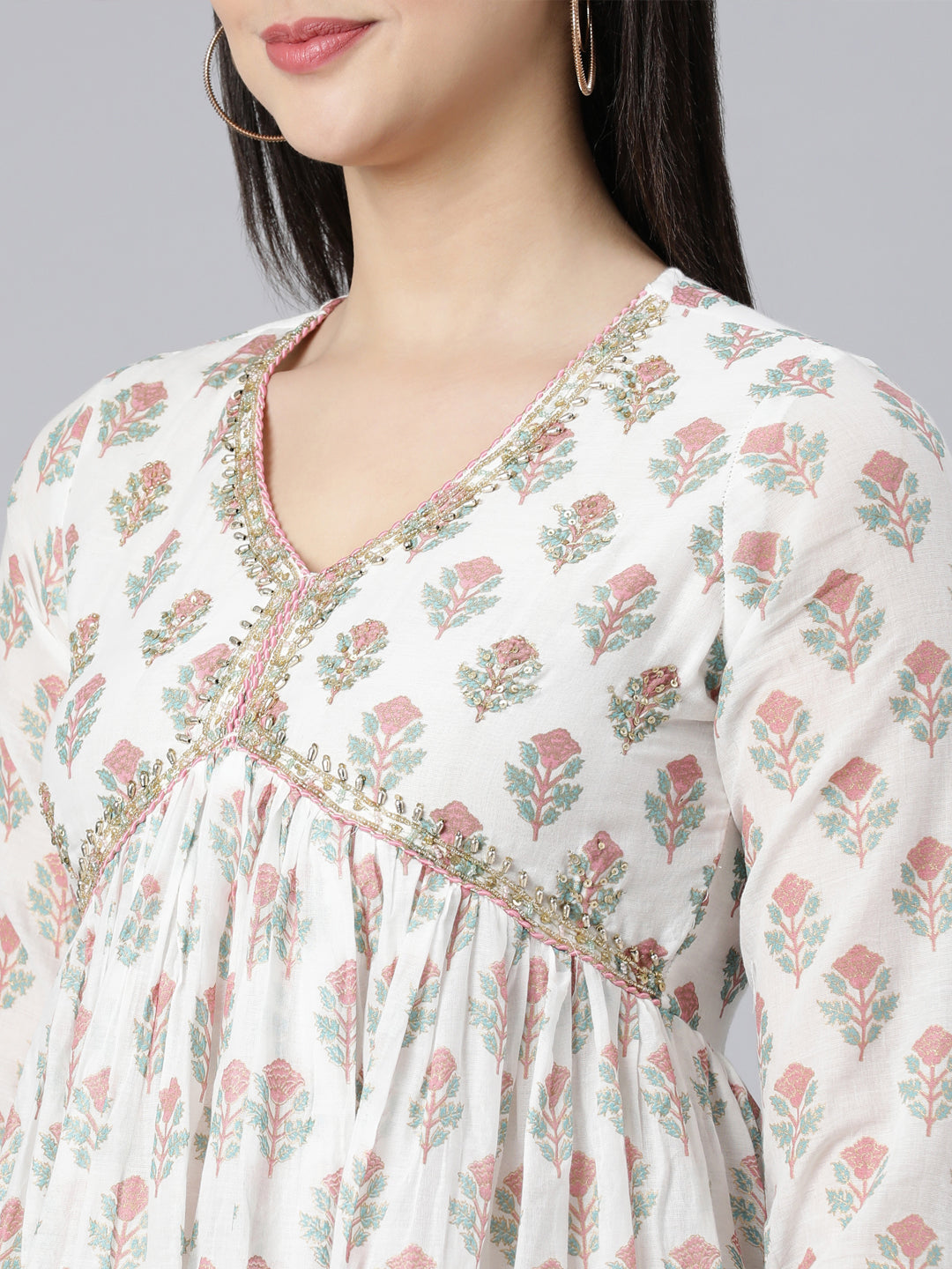 Neerus Pink Panelled Printed Kurta And Palazzos With Dupatta