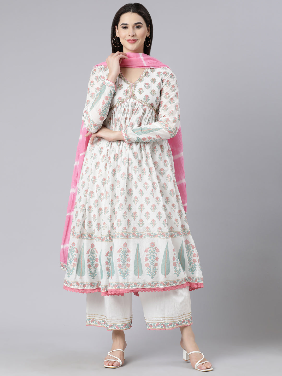 Neerus Pink Panelled Printed Kurta And Palazzos With Dupatta