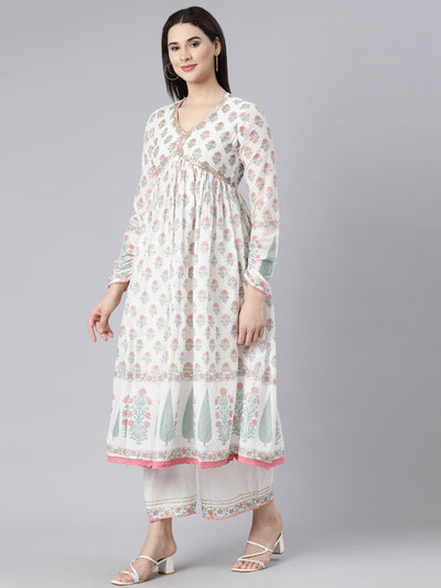 Neerus Pink Panelled Printed Kurta And Palazzos With Dupatta