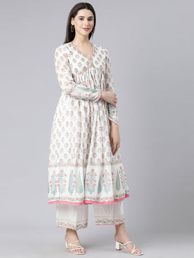 Neerus Pink Panelled Printed Kurta And Palazzos With Dupatta