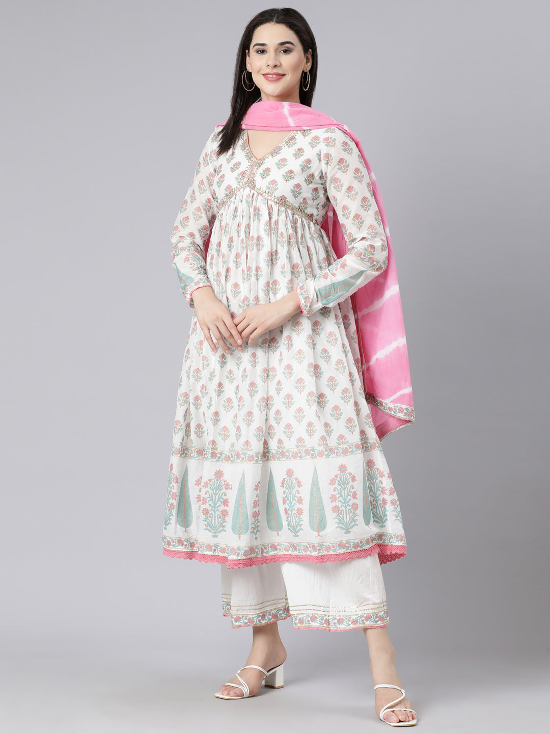 Neerus Pink Panelled Printed Kurta And Palazzos With Dupatta