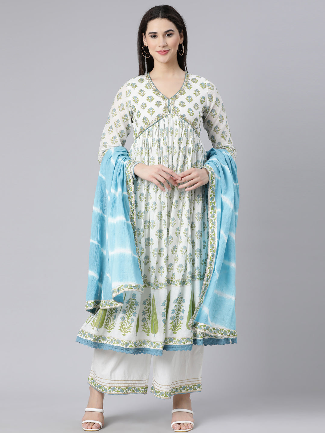 Neerus Green Panelled Printed Kurta And Palazzos With Dupatta