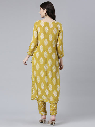 Neeru's Green Pleated Straight Printed Kurta And Trousers