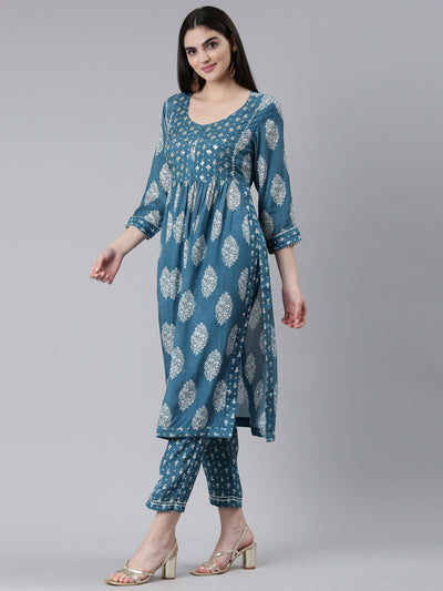 Neeru's Green Pleated Straight Printed Kurta And Trousers