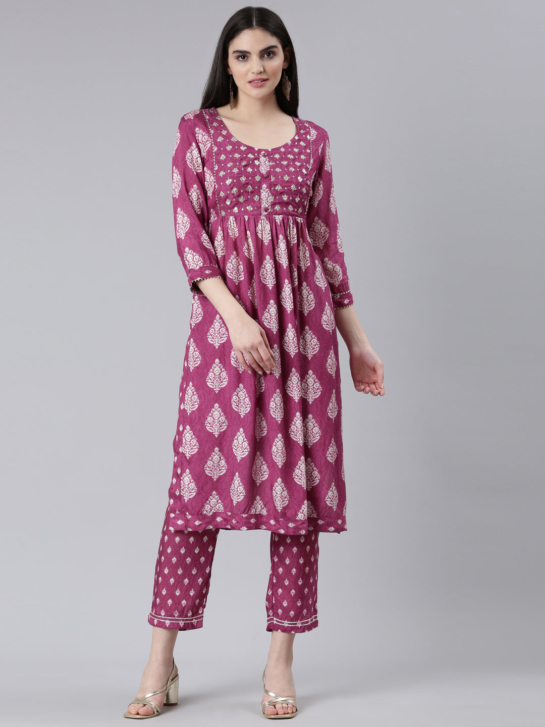 Neeru's Purple Pleated Straight Printed Kurta And Trousers