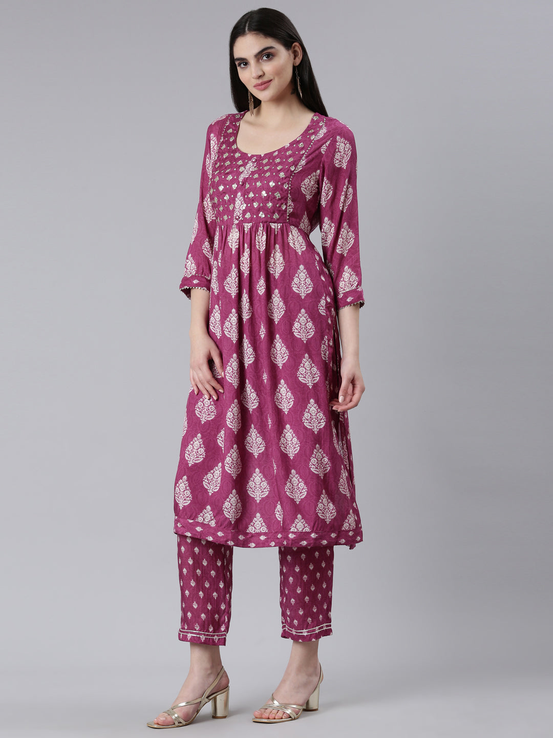 Neeru's Purple Pleated Straight Printed Kurta And Trousers