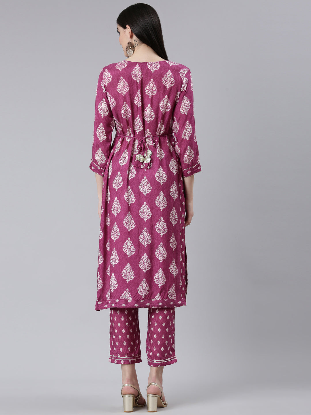 Neeru's Purple Pleated Straight Printed Kurta And Trousers