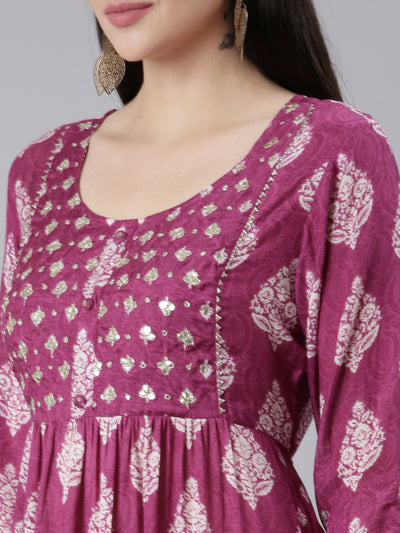 Neeru's Purple Pleated Straight Printed Kurta And Trousers