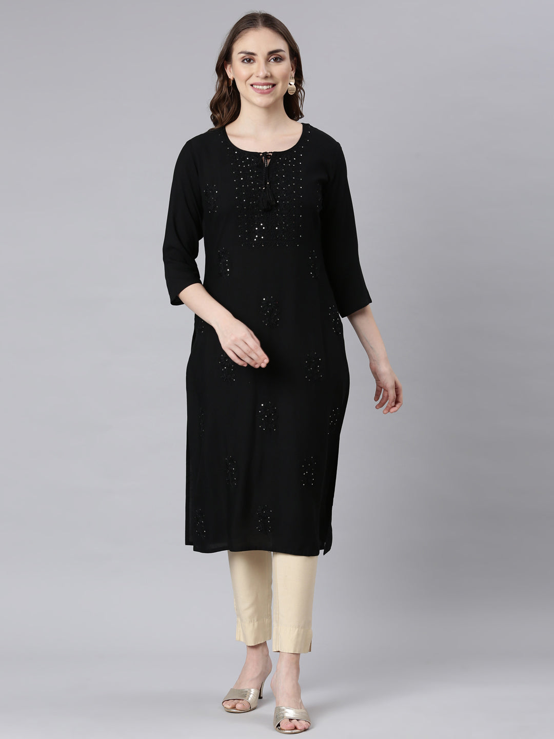 Neerus Black Panelled Straight Embellished Kurtas