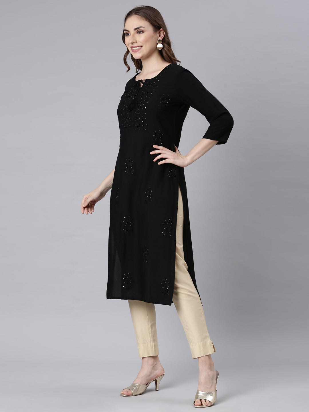 Neerus Black Panelled Straight Embellished Kurtas