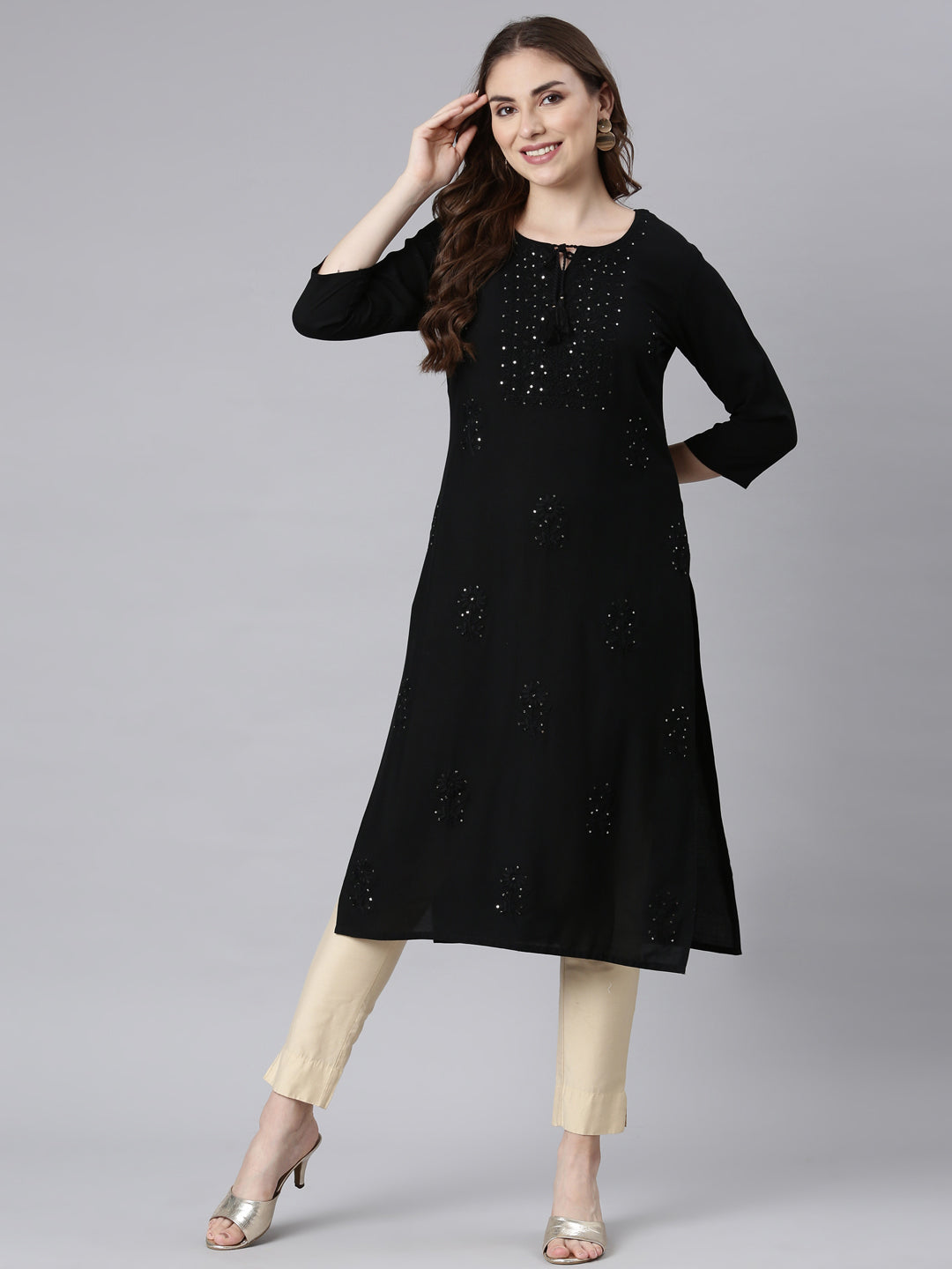 Neerus Black Panelled Straight Embellished Kurtas