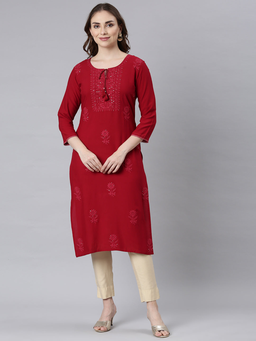 Neerus Maroon Panelled Straight Embellished Kurtas