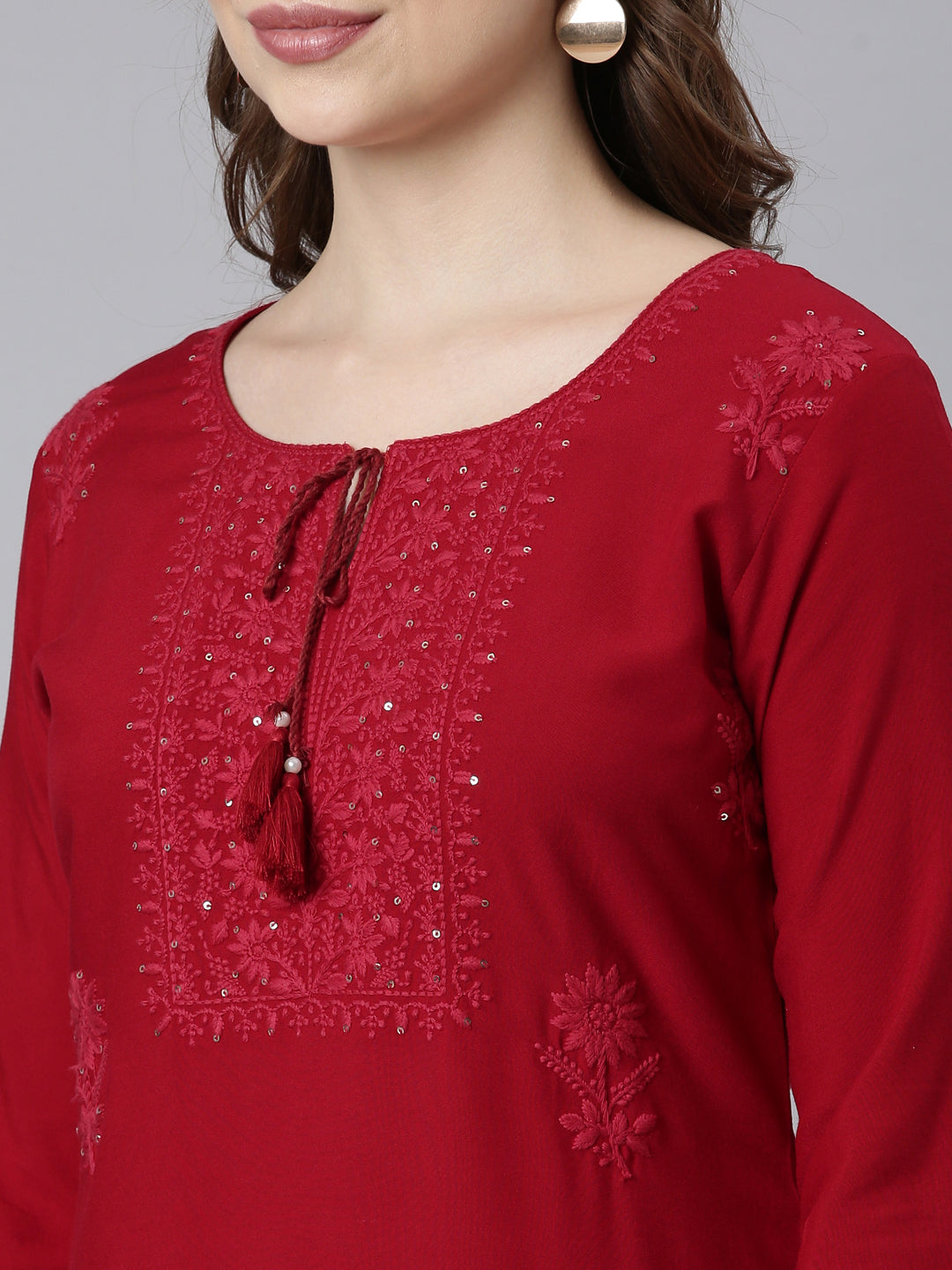 Neerus Maroon Panelled Straight Embellished Kurtas