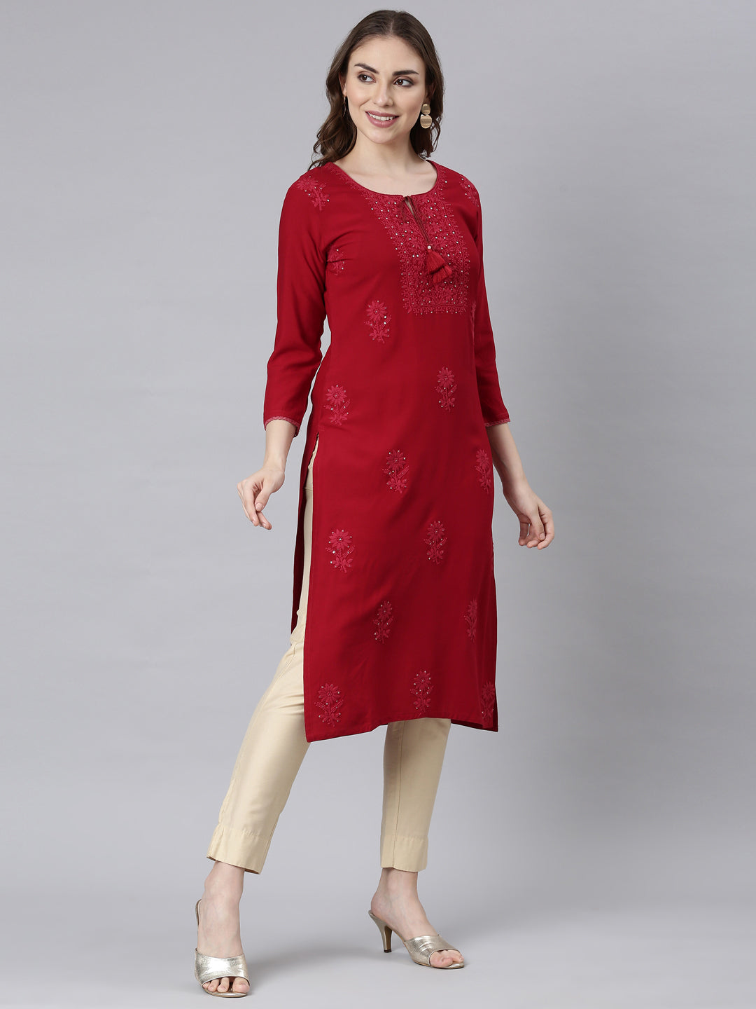 Neerus Maroon Panelled Straight Embellished Kurtas