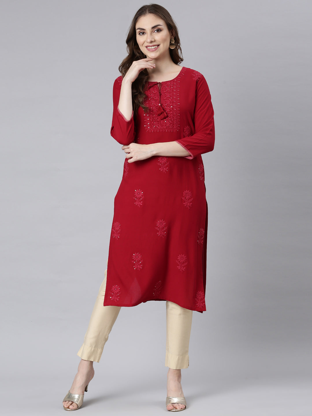 Neerus Maroon Panelled Straight Embellished Kurtas