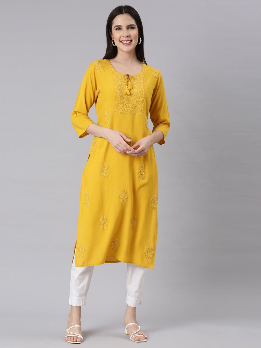 Neerus Mustard Panelled Straight Embellished Kurtas