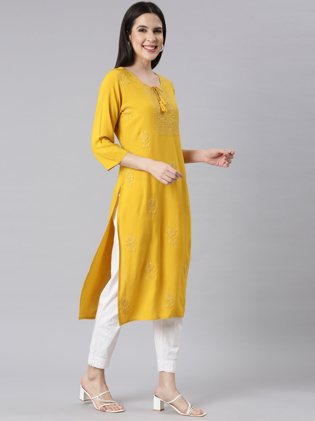 Neerus Mustard Panelled Straight Embellished Kurtas