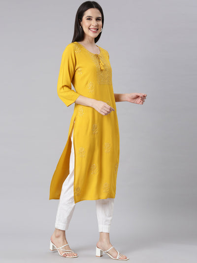 Neerus Mustard Panelled Straight Embellished Kurtas